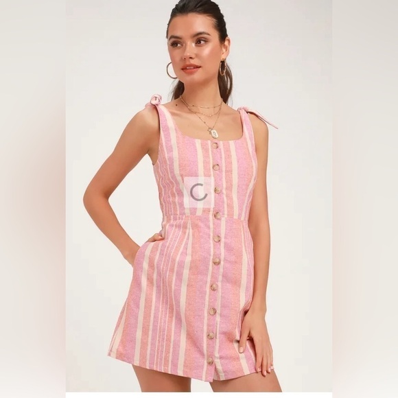 Lulu’s Brooklin Pink Multi Striped Button Front Mini Dress - Picture 1 of 8